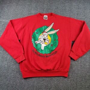 Vintage Looney Tunes Sweater Womens Large Red Bugs Bunny Ugly Christmas Pullover